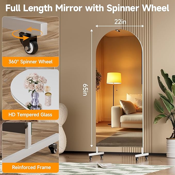 Hasipu 65" x 22" Arched Rolling Home Gym Mirror with Wheels, 360° Swivel Body Mirror with HD Tempered Glass, Large Floor Mirror for Yoga Room, Dance Studio, Bedroom & Home Gym