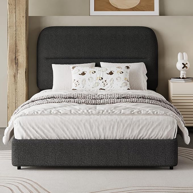 HOMBCK Twin Bed Frames with Headboard, Twin Size Boucle Upholstered Bed Frame for Kids, Soft Rounded Corners, Wooden Slats Support, No Box Spring Required, Easy Assembly, Black