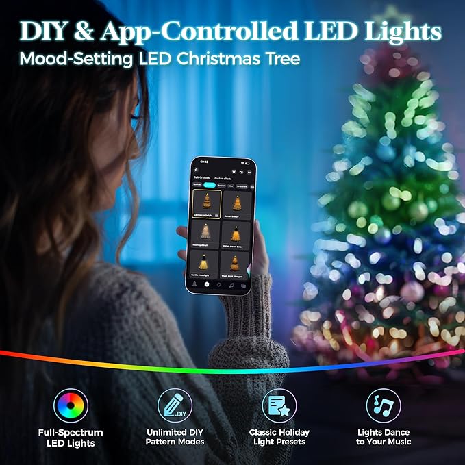 HOLLO STAR 7.5 ft Prelit Pencil Christmas Tree with 400 LED Lights, App Control, Aspen Artificial Christmas Tree, Multi-Color RGBW Lights, 1639 PE & PVC Branch Tips, Skinny Xmas Tree, for Home, Party