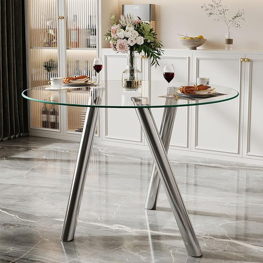 35" Round Dining Table for 4, Modern Round Glass Dining Table with Metal Legs, Round Kitchen Table for Dining Room Home Office Small Spaces