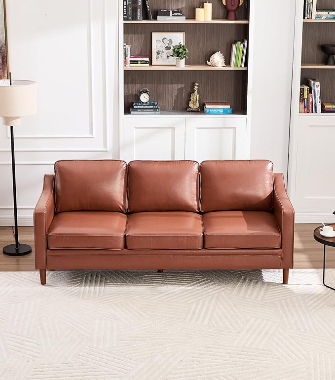 Kingfun 80" Faux Leather Sofa, 3 Seater Couch, Mid Century Modern Couches with Solid Wood Frame for Living Room & Bedroom, Dark Brown