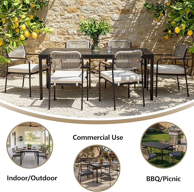 Outdoor Dining Chairs Set of 6, Wicker Patio Dining Chairs with Removable Cushions, Rectangle Patio Table Chair, All Weather Outdoor Chairs, Metal Lawn Chair for Adults/Indoor/Deck, Beige