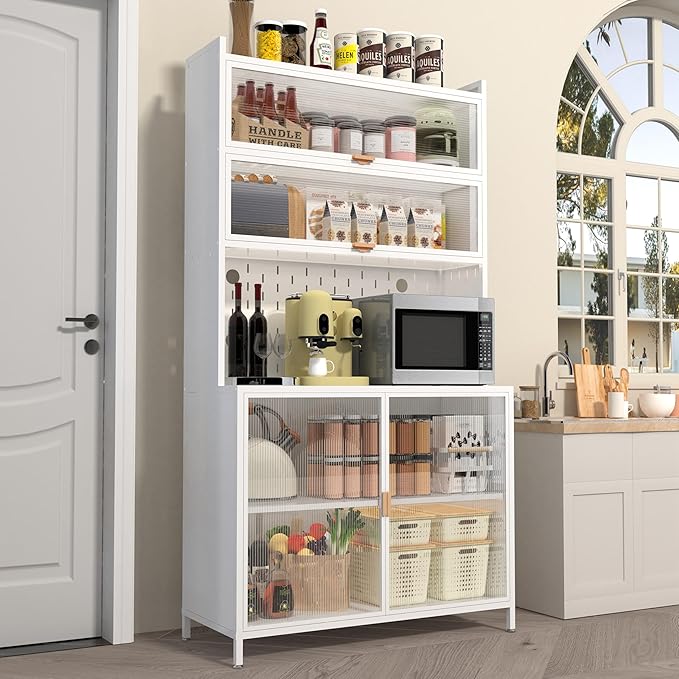 73'' Tall Kitchen Pantry Cabinet, 6 Level Flip Door with Pegboard Metal Pantry Storage Cabinet, Anti-Tip Design Hutch for Kitchen, Dining Room, Living Room (White)