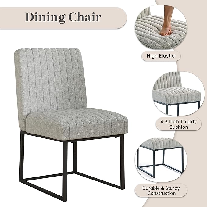VKNOW Upholstered Dining Chairs, Modern Dining Room Chairs with Stripe, Linen Kitchen Chair Dinner Chair with Black Metal Base for Kitchen Office, Light Grey