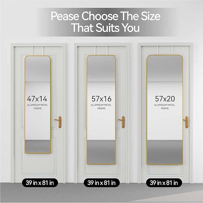 57x20 Door Hanging Full Length Mirror, Floor (Height 5.7ft just Body in 1.3ft) or Wall Mounted Metal Frame Rectangle Dressing Mirrors for Bedroom Bathroom Living Room 57 inch Gold