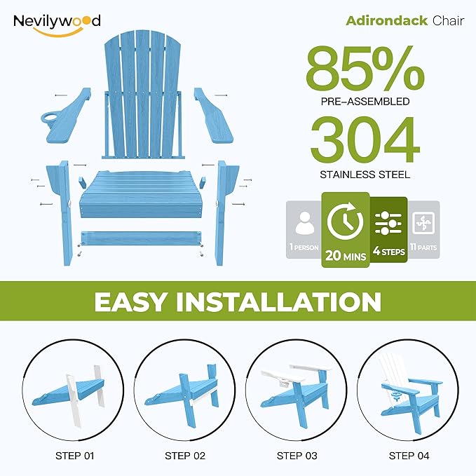 nevilywood Folding Adirondack Chair with Cup Holder,All-Weather Adirondack Chair,Patio Chair,HDPE-Wooden Textured Lawn Chair- Light Blue