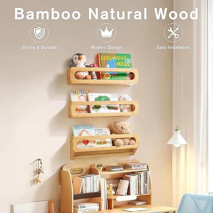 Bamboo Nursery Floating Book Shelves for Wall, Fully Assembled – Set of 3 Wall Mounted Bookshelves for Kids Room, Baby Room, Nursery Decor, 16.5 Inch Natural