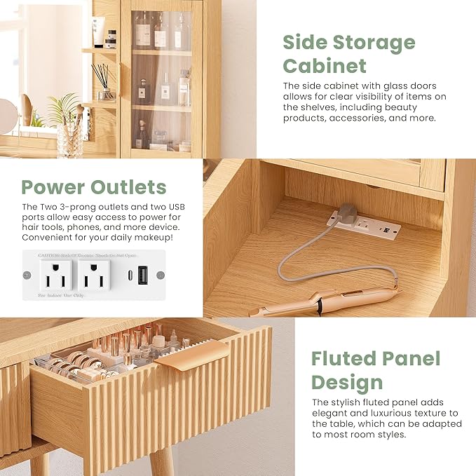 Fluted Vanity Desk with Mirror and Lights, 5 Drawers Glass Top Makeup Vanity with 10 Storage and 9-Grid Organizer, 3 Color Clear Glass Door Dressing Table with Charging Station, Natural Oak