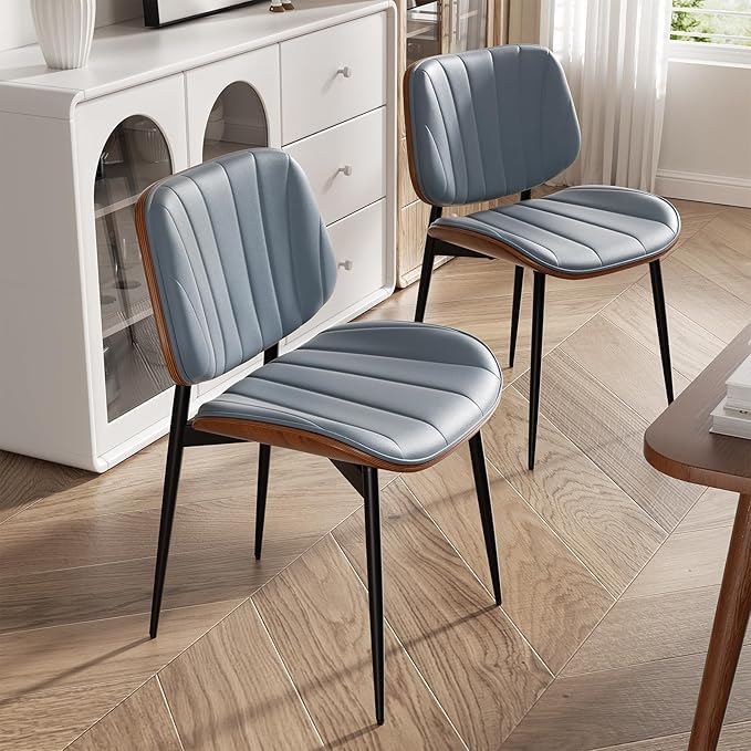 Dining Chair, Mid Century Modern Dining Room Chairs, Upholstered Faux Leather Kitchen Chairs with Walnut Bentwood Back and Metal Legs for Kitchen Dining Room Living Room, Blue