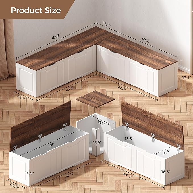 L-Shaped Corner Bench w/Storage, 63" Breakfast Nook Bench, Flip-Top Storage Compartment Bench for Entryway, Kitchen, Dining Room, Hallway Cloakroom Organization, Stool Only