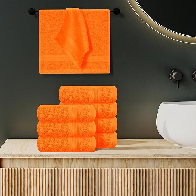 BOUTIQUO Ultra Soft Cotton Washcloths, Contains 12 Piece Face Cloths 12x12 inch, Ideal for Everyday use Face Towels, Compact & Lightweight Multi Purpose Washcloths - Orange