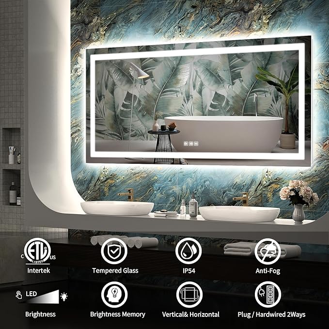 LED Mirror for Bathroom, 72x32 Inch Backlit + Front Lighted Bathroom Vanity Mirror with Lights, Double Light Strips, 3 Colors, Shatter-Proof, Anti-Fog and Brightness Memory
