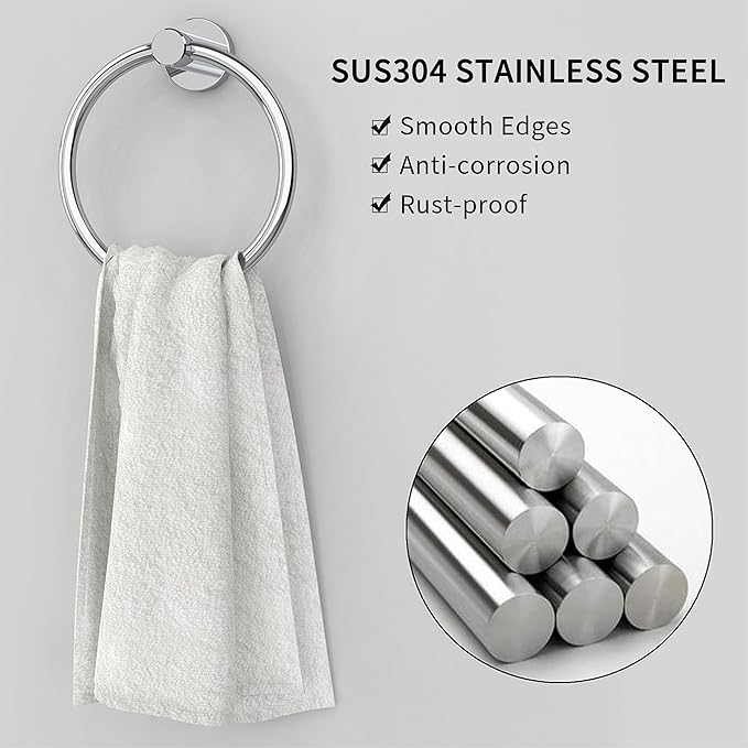 Chrome Hand Towel Holder for Bathroom Kitchen Towel Ring Modern Rounded Base Wall Mount SUS304 Stainless Steel