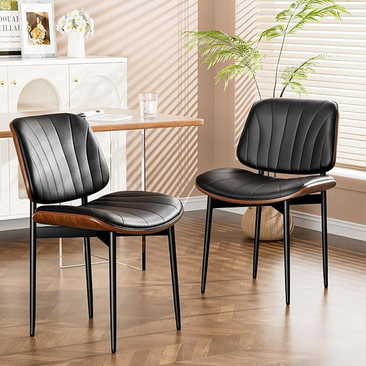 Dining Chairs Set of 2, Dining Room and Kitchen Chairs, FSC Certified Mid Century Modern Accent Chair, Upholstered PU Leather Chairs for Vanity with Walnut Bentwood and Metal Legs, Black