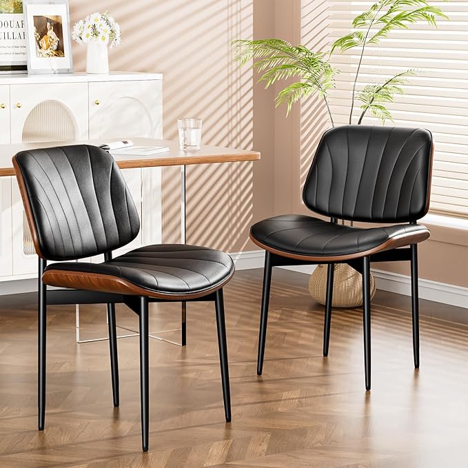 Dining Chairs Set of 6, Dining Room and Kitchen Chairs, FSC Certified Mid Century Modern Accent Chair, Upholstered PU Leather Chairs for Vanity with Walnut Bentwood and Metal Legs, Black
