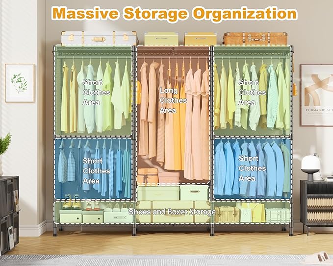 E14 Heavy Duty Clothes Rack，Freestanding Clothing Racks for Hanging Clothes，Adjustable Closet Organizers and Storage，Metal Garment Rack with Shelves 69" W x16 D x77 H，Max Load 960LBS，Grey