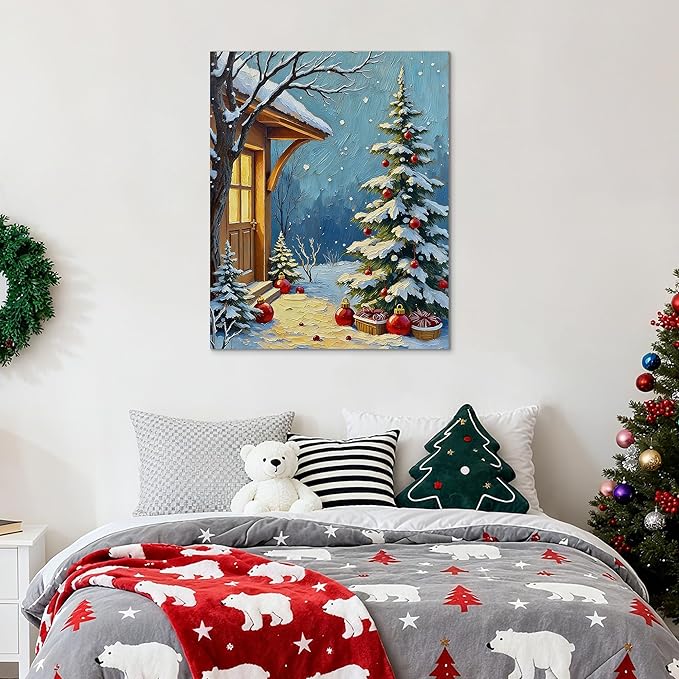 Framed Christmas Pictures Wall Decor,Vintage Pine Tree Prints,Winter Christmas Canvas Wall Art Decoration for Bedroom Bathroom Living Room Rustic Xmas Holiday Gifts (Christmas Tree 21, 20'' X 32'')