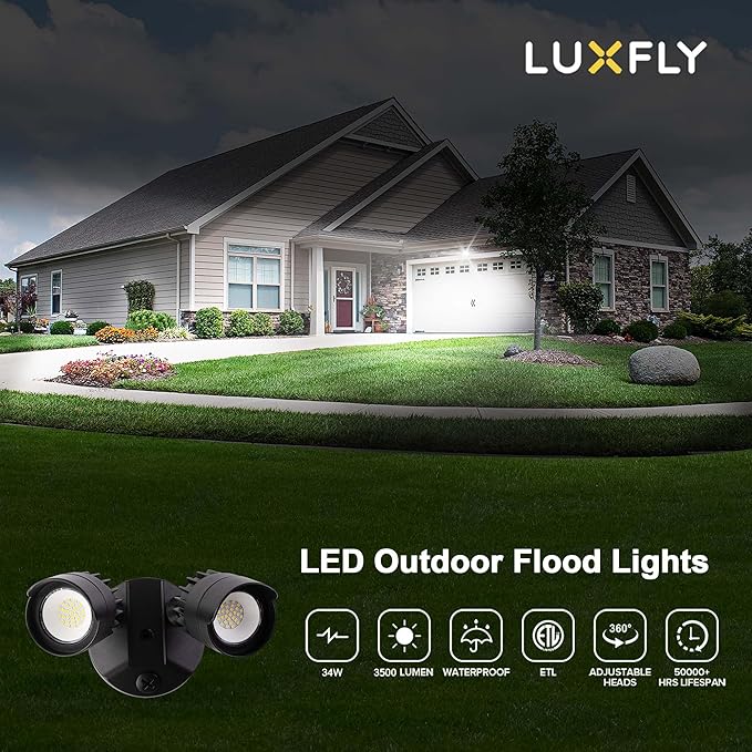 2 Pack LED Flood Lights Outdoor, 34W 3500LM 5000K Daylight, IP65 Waterproof Security Lights with 2 Adjustable Heads, Exterior Wall Light for Patio, Garage, Yard (Black-2P)