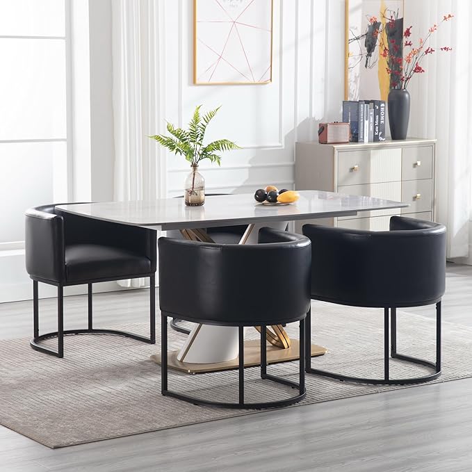 Faux Leather Dining Chairs Set of 6 Modern Barrel Arm Chairs with Black Metal Frame, Upholstered Kitchen Chairs 18.5" Wide Accent Chairs for Living Room Dining Room Restaurant, Black