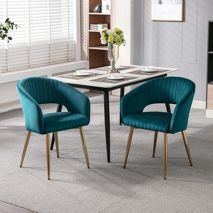 Modern Velvet Dining Chairs Set of 8, Upholstered Gold Dining Chairs with Hollow Back, Dining Room Chairs with Gold Legs, Accent Armrest Kitchen Chairs for Living Room Reception Teal Blue