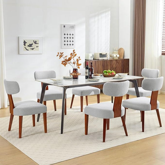 Dining Chairs Set of 6, Mid-Century Modern Upholstered Kitchen Chairs with Curved Backrest and Linen Fabric Seat, Wood Leg Accent Chairs for Dining Room, Living Room, Bedroom, Grey