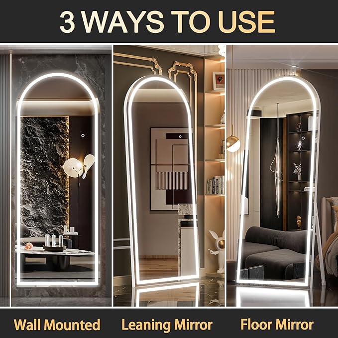 Hasipu 75" x 28" Led Mirror Full Length, Arch Mirror Full Length with Lights, Floor Full Body Glass with Stand,Tempered Glass,Shatter-Proof, Dimming & 3 Color for Bedroom Cloakroom-UL