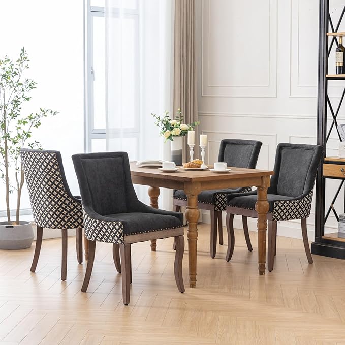 Farmhouse Dining Chairs Set of 4, Upholstered Fabric Dining Room Accent Chairs with Wood Legs & Bronze Nailhead, High Wingback Kitchen Chairs for Living Room Hotel Apartment, Black