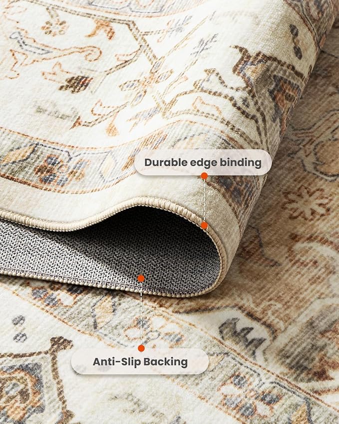 AMADA HOMEFURNISHING 5ft Round Area Rug, Low-Profile Washable 5x5 Rugs with Non-Slip Backing & Durable Edge Binding, Vintage Rug for Kitchen, Bedroom & Hallway, Beige