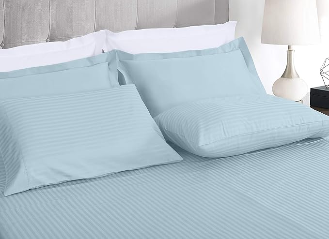 Threadmill 100% Cotton Sheets for King Size Bed - 600 Thread Count King Bed Sheets Set with 16” Deep Pocket - Damask Stripe Sateen Weave 4-Piece Bedding Set with Cooling Effect, Blue