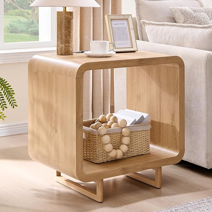 23.6" Modern End Table, 2 Tier Side Table with Charging Station, Simple Bedside Table with Open Storage Shelf, Outlet, Wooden Nightstand for Bedroom, Living Room, Easy Assembly, Natural Oak
