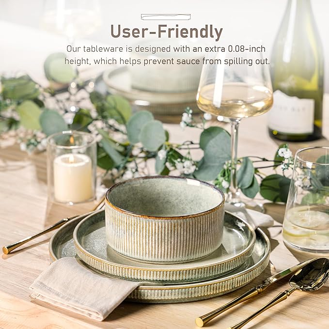 GBHOME Stoneware Dinnerware Sets for 8,Round Reactive Glaze Ceramic Plates and Bowls Set,Highly Scratch Resistant | Dishwasher & Microwave Safe Dishes Set,Service for 8(24Pcs),Desert Sage