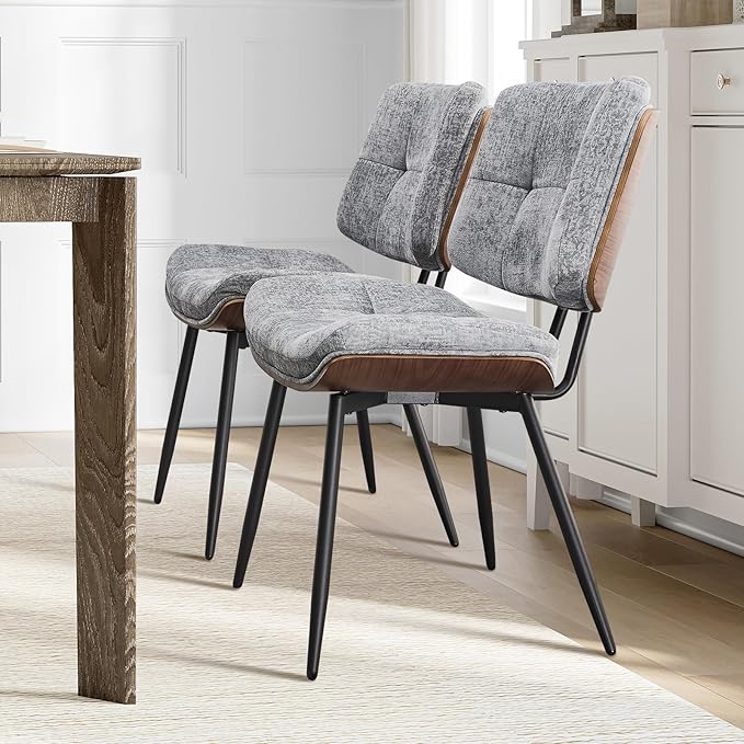 Dining Chairs Set of 4,Mid Century Modern Kitchen Chairs with Walnut Bentwood Back and Metal Legs,Upholstered Fabric Dining Room Chairs for Kitchen, Living Room,Grey