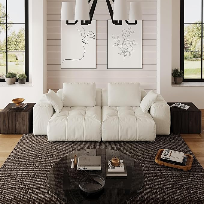 Cloud Sectional Couches, Comfort Linen Loveseat Modular Sofas with Wide Deep Seat, Down Filled Modern Upholstered Sofa Couch for Living Room, Apartment,Cream White