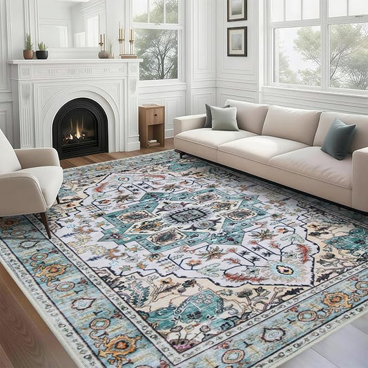 WILLSUN Washable Area Rugs, 9x12 Non-Slip Boho Large Area Rugs for Living Room, Bedroom, Machine Washable Vintage Rug, Indoor Floral Print Carpet for Home Decor, Kid & Pet Friendly Mat