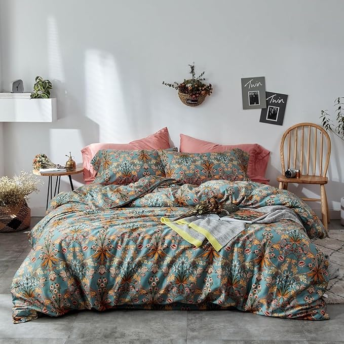 Vintage Style Garden Flower Duvet Cover Set King Boho Floral Long Staple Cotton Comforter Cover Luxury Soft Green Golden Floral Bedding Set Boho Farmhouse Bohemia Duvet Cover with 2 Pillowcases