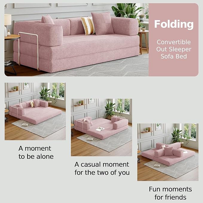 98.4''Convertible Sleeper Sofa Bed,Compressed Floor Boneless Couch,Modular Modern Corduroy Sofa for Living Room Bedroom -with Fixed-Shape Frame and Support Armrest,Easy Assembly(Pink)