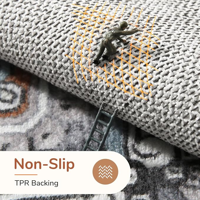OPPODREAM Thin Area Rugs 3x5, Washable Rugs with Non Slip Backing, Low-Pile Throw 3x5 Carpet, Faux Cashmere 3 x 5 Carpet, Grey & Teal & Yellow