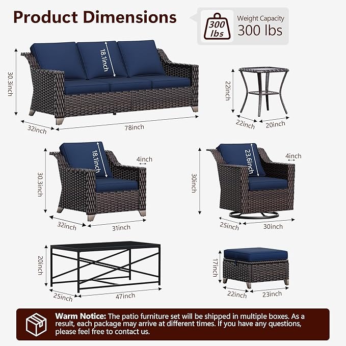 6 Pieces Wicker Patio Furniture, Luxury Outdoor Furniture with 2 Patio Swivel Chair, 3-Seater Sofa, 2 Patio Ottoman and 1 Side Table, Wide Armrest, Thickened Cushions