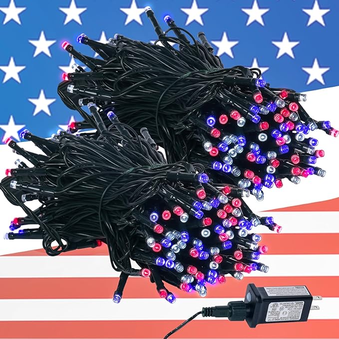 Kwaiffeo 4th of July Decorations Outdoor, 100FT 300LED Red White and Blue String Lights for Independence National Memorial Day, Flag Lights for 2024 President Election Campaign, 1 Pack