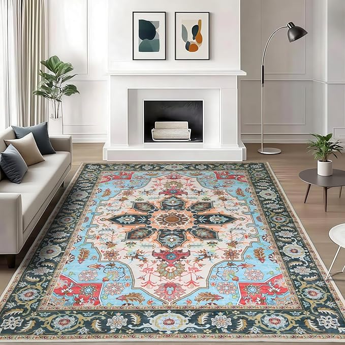 WILLSUN Washable Area Rugs, 6x9 Non-Slip Boho Large Area Rugs for Living Room, Bedroom, Machine Washable Vintage Rug, Indoor Floral Print Carpet for Home Decor, Kid & Pet Friendly Mat