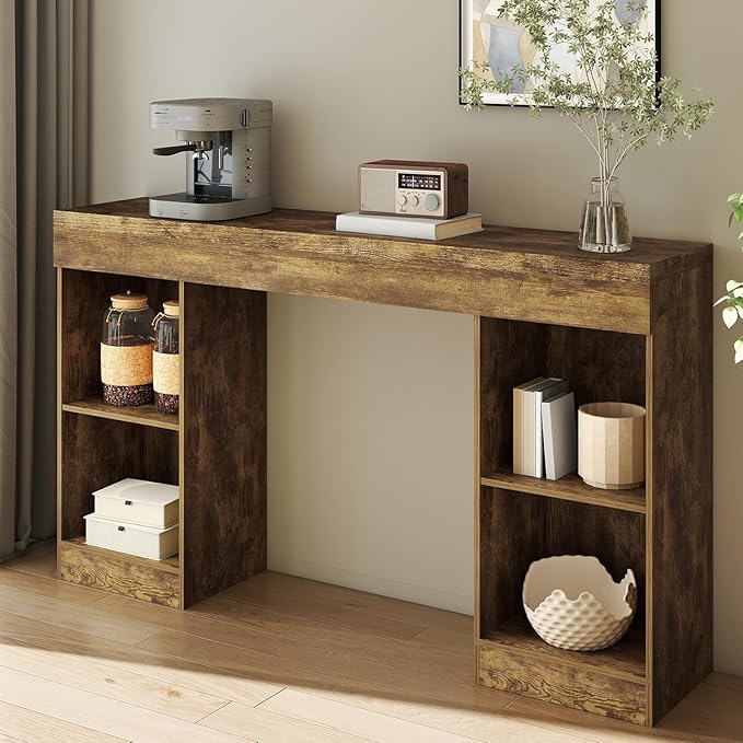 55 Inches Console Table,4 Cubes Narrow Entryway Table,3 Tier Wood Behind Couch Sofa Table,TV Console with Storage for Living Room,Hallway,Entrance,Foyer (Bright Brown)