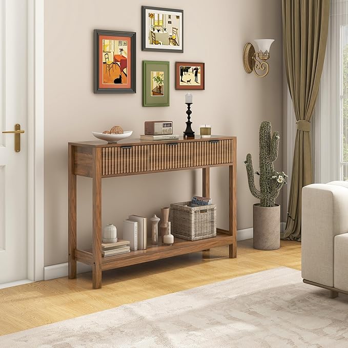 Fluted Console Table, Wooden Sofa Table with Storage and Drawers, Farmhouse Behind Couch Table Entryway Table for Entrance, Hallway, Living Room, Brown