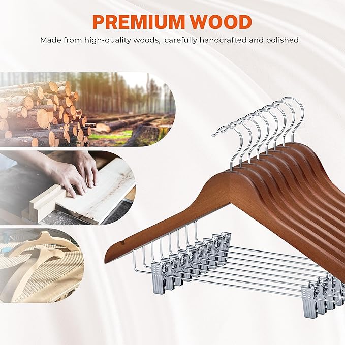HOUSE DAY Wooden Hangers with Clips 24 Pack, Heavy Duty Walnut Wood Pants Hanger, Premium Skirt Hanger with Adjustable Clips, Solid Clip Hangers for Suit, Blouse, Dress, Coat, Jacket, Bottom