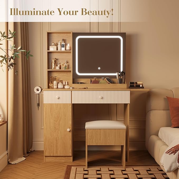 Vanity Desk with Mirror and Lights, Pink Makeup Vanity with Charging Station, Dressing Table Set with Storage Chair, Drawer Shelves, and Foldable Panel for Compact Space Bedroom (Nature Wood)
