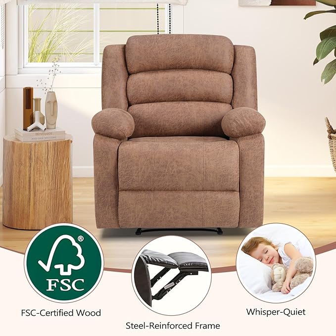 ANJ Recliner Chair, Overstuffed Manual Living Room Chair with Breathable Faux Leather, Comfortable Reclining Chair for Relaxation