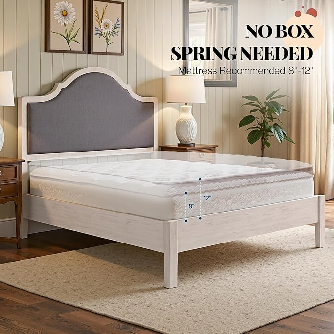 Jocisland Queen Size Bed Frame with Tall Upholstered Curved Headboard, Solid Wood Platform Bed, No Box Spring Needed, Wood Slat Support, Easy Assembly, White