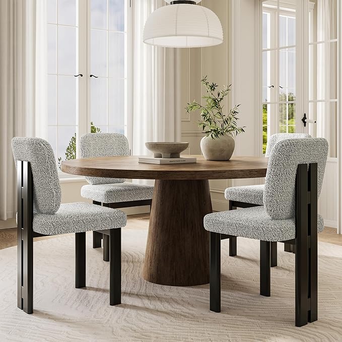 Modern Boucle Dining Chairs Set of 6, Farmhouse Sherpa Upholstered Wooden Kitchen Chairs with Back, Side Armless Dining Room Chairs with Brown Wood Legs for Kitchen Restaurant, Gray