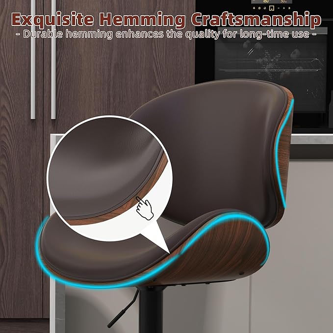 civama Bar Stools Set of 3 for Kitchen Counter, Adjustable Bar Height Chairs, Modern Swivel Barstools with Bentwood Seat and Back with Footrest for Kitchen Island, Dining Room, Brown PU Leather
