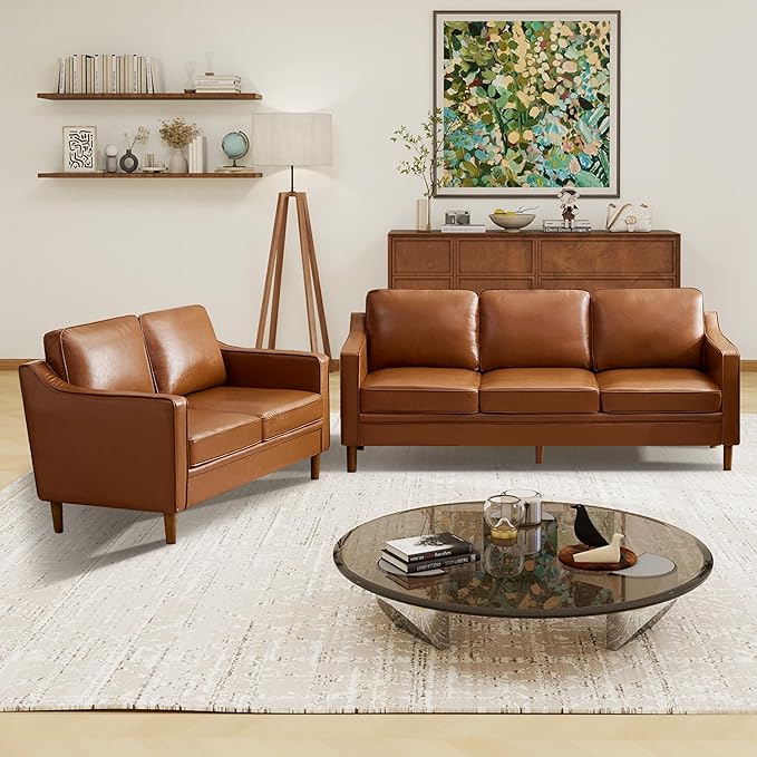Kingfun Living Room Furniture Sets, 3 Seater Couch and Loveseat, Mid Century Modern Sofa Set, Faux Leather Couch with Solid Wood Frame for Living Room & Bedroom, Dark Brown