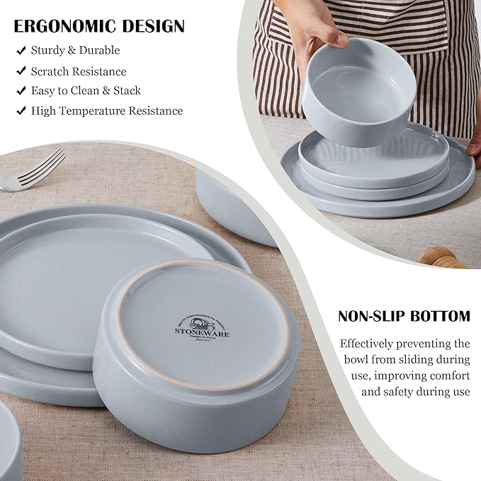 E-far Dinnerware Sets for 6, 18-Piece Stoneware Plates and Bowls Dish Set, Modern Kitchen Dinning Dishware, Chip and Scratch Resistant, Microwave & Dishwasher Safe, Speckled Gray